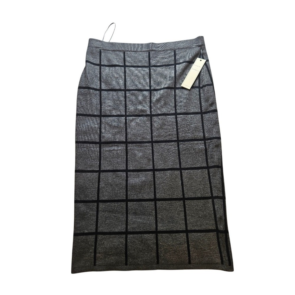 Pina Rossi Grey Black Windowpane Knit Midi Skirt Size Medium NWT